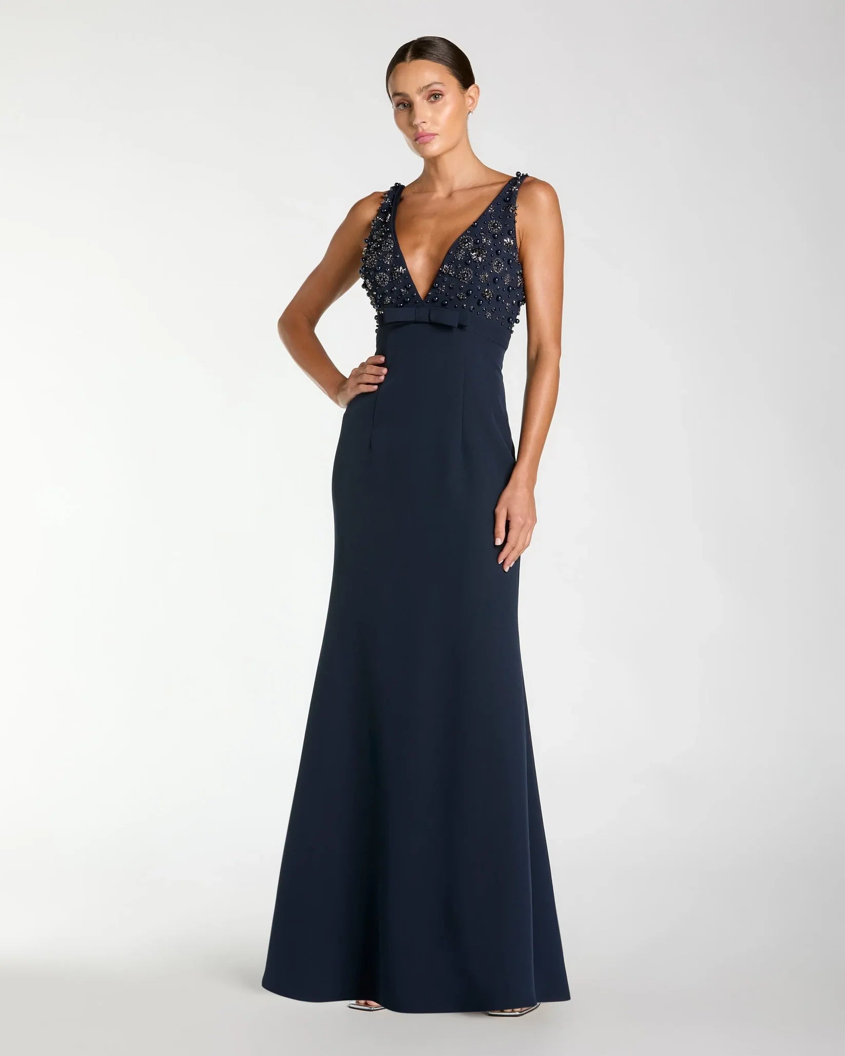 Mac Duggal Crepe Sleeveless Beaded V Neck Gown With Bow #2278 - Navy Blue 