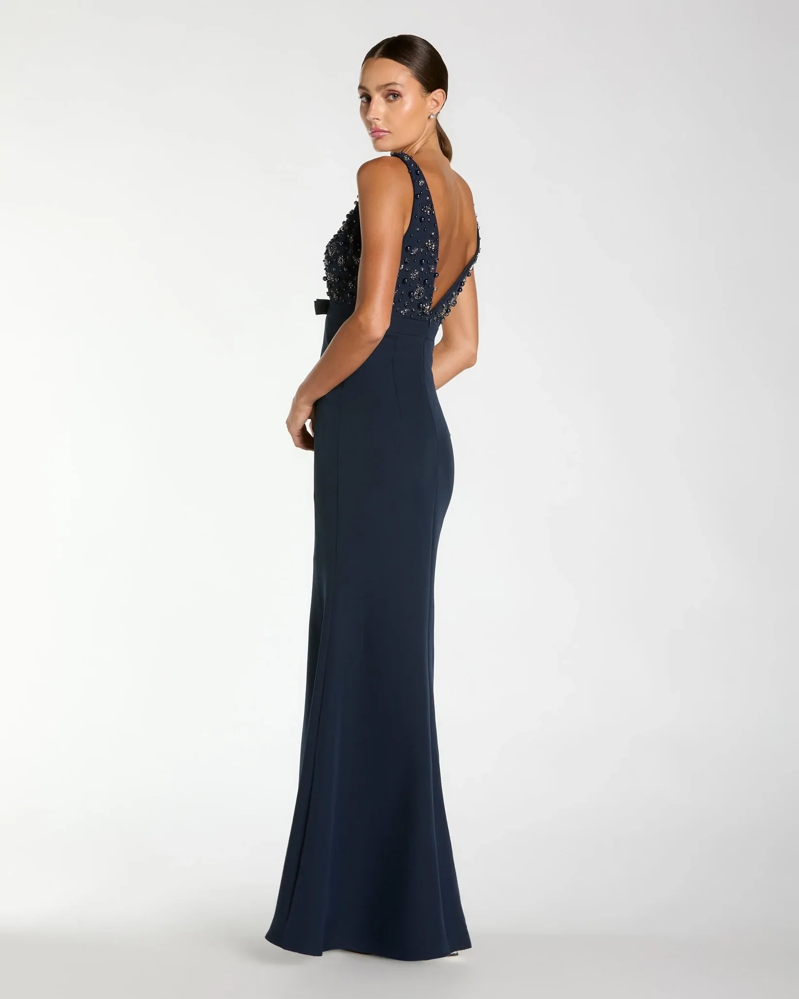 Mac Duggal Crepe Sleeveless Beaded V Neck Gown With Bow #2278 - Navy Blue 