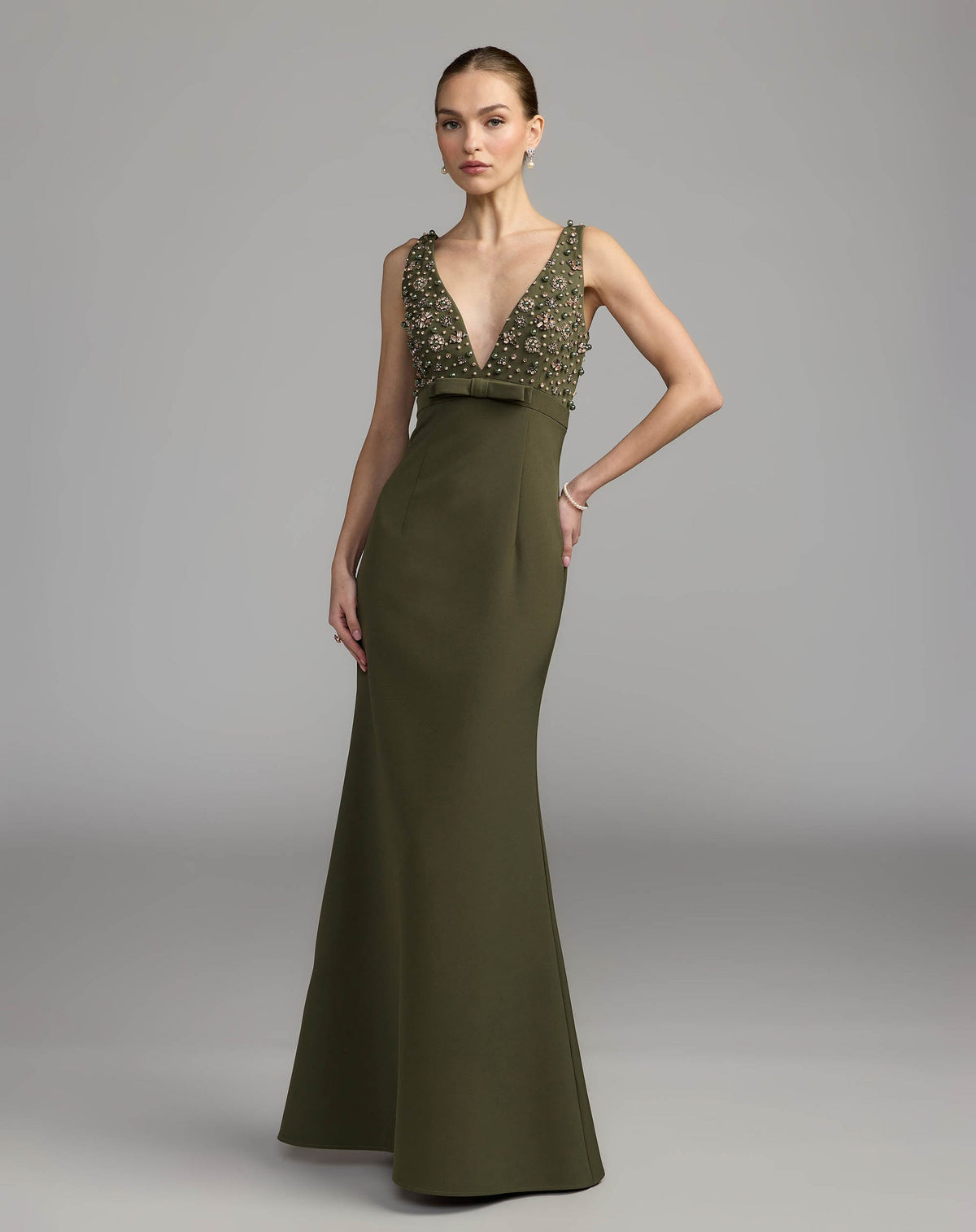 Mac Duggal #2278 olive embellished crepe gown with bow