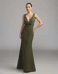 Mac Duggal #2278 olive embellished crepe gown with bow