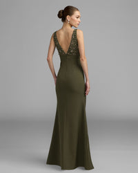 Mac Duggal #2278 olive gown v-back view