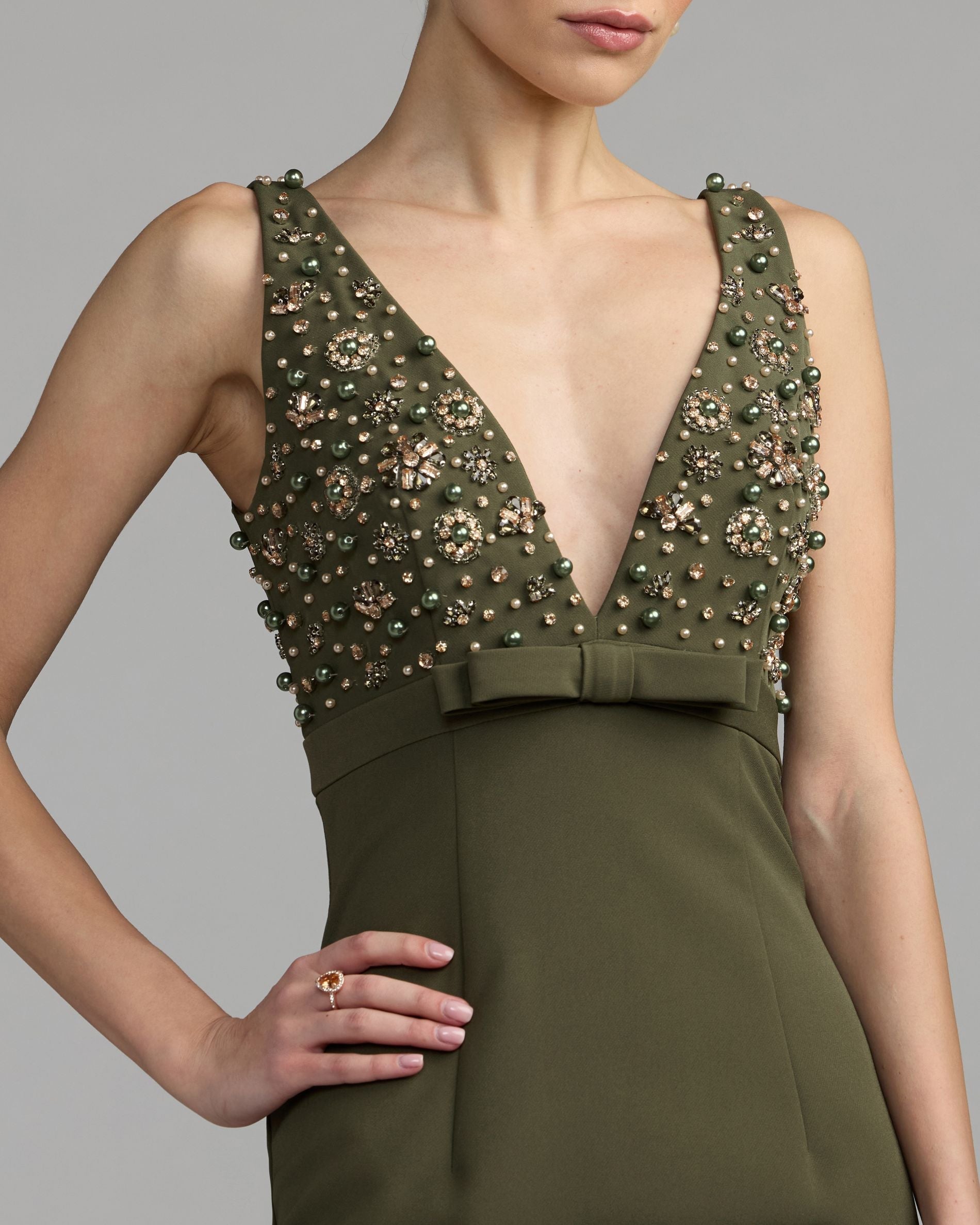 Mac Duggal #2278 olive gown close-up detail