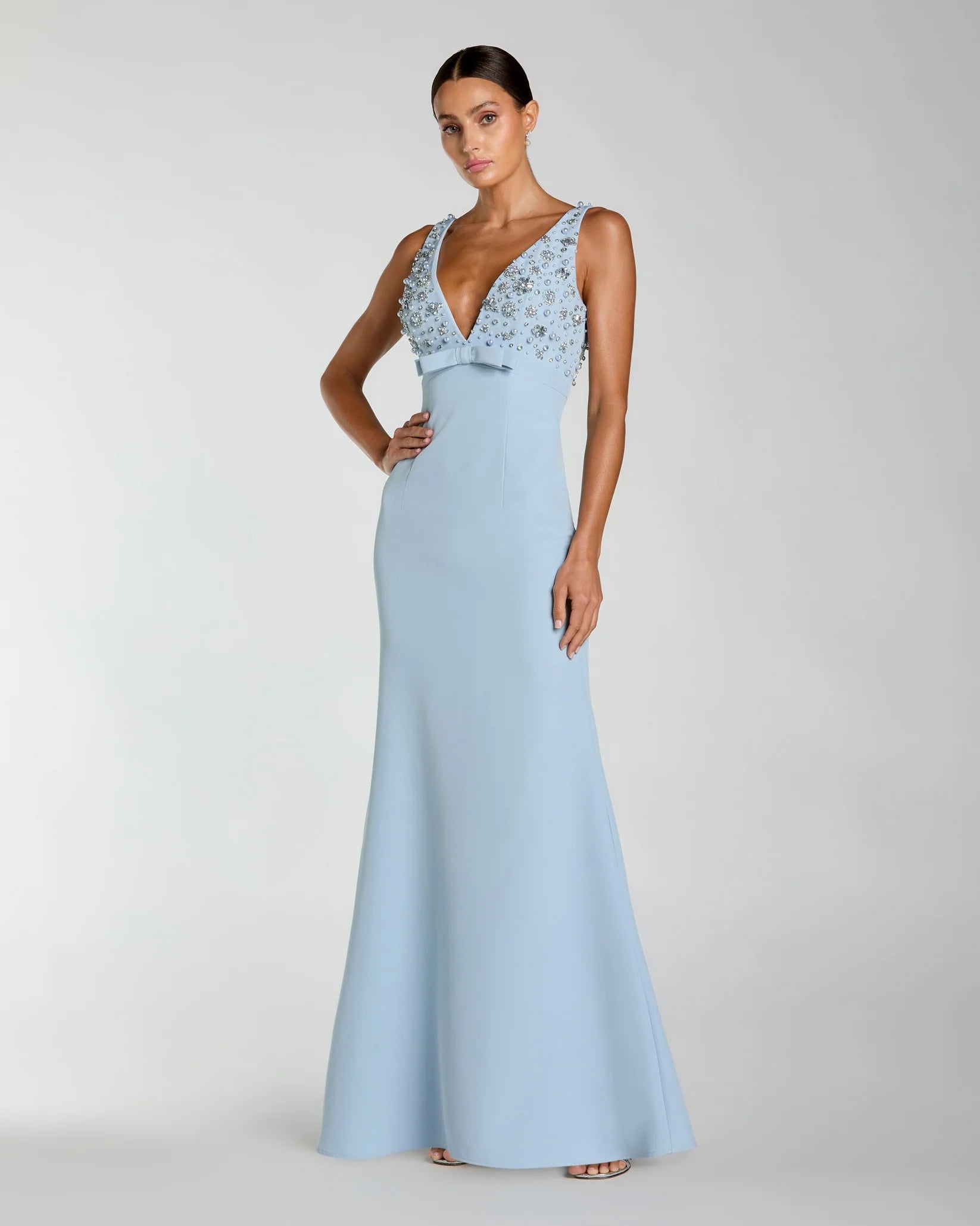 Mac Duggal Crepe Sleeveless Beaded V Neck Gown With Bow #2278 - Powder Blue