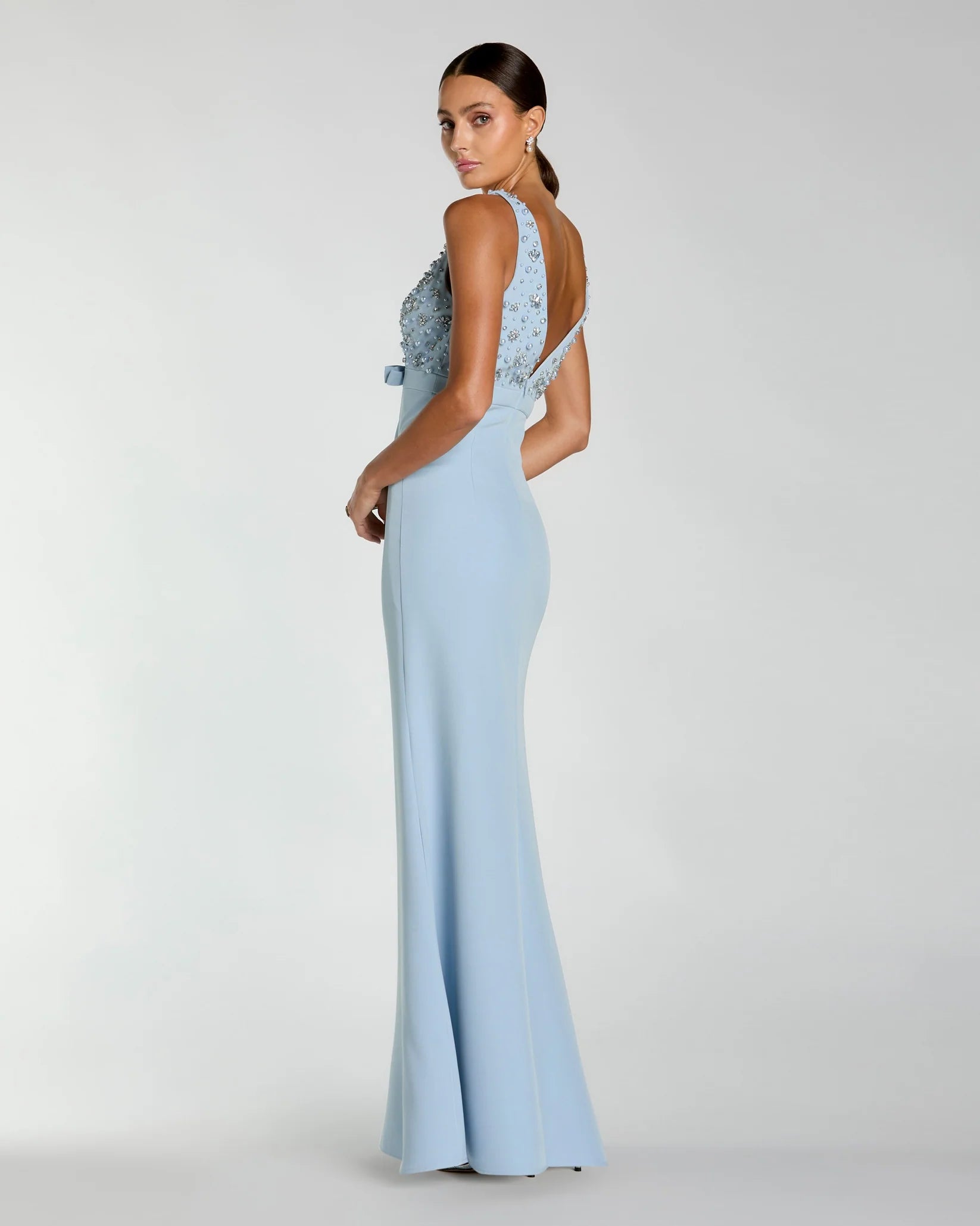 Mac Duggal Crepe Sleeveless Beaded V Neck Gown With Bow #2278 - Powder Blue