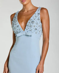 Mac Duggal Pink Crepe Sleeveless Beaded V Neck Gown With Bow #2278 - Powder Blue