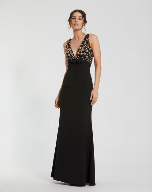 Crepe Sleeveless Beaded V Neck Gown With Bow - Black