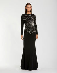 Mac Duggal #2282 black long sleeve jersey gown with beaded flower