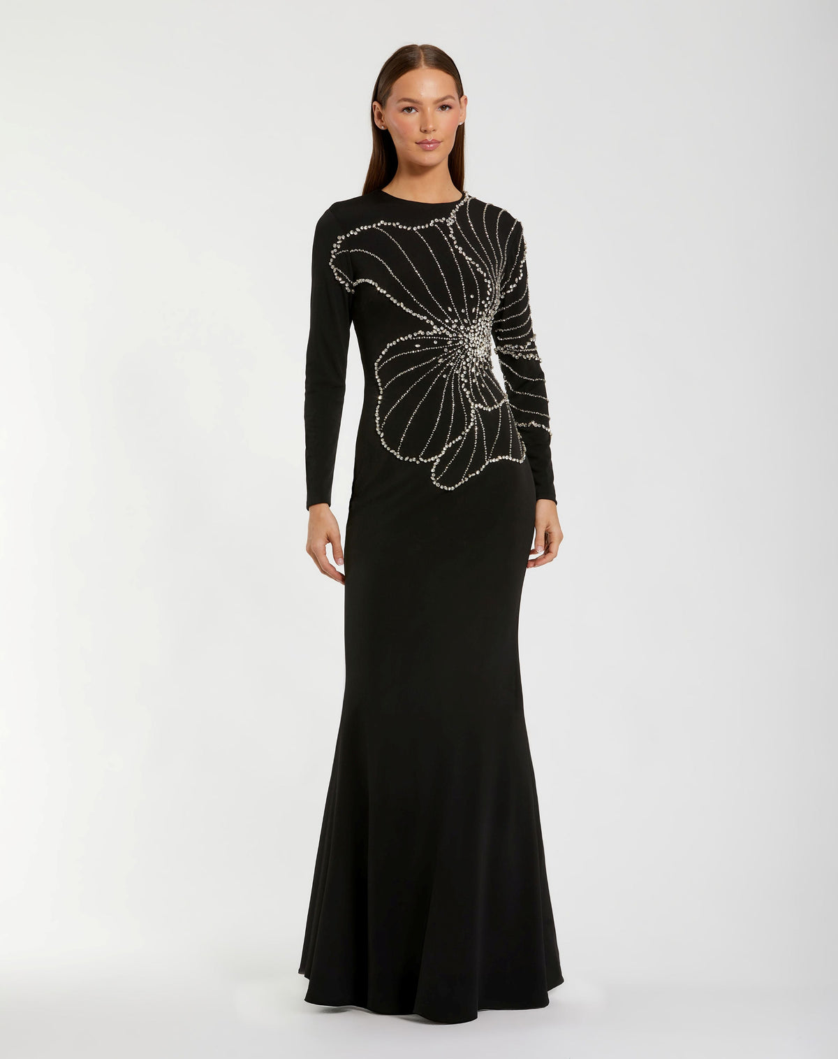 Mac Duggal #2282 black long sleeve jersey gown with beaded flower