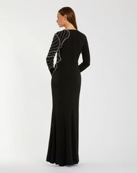 Mac Duggal #2282 black long sleeve jersey gown with beaded flower back view