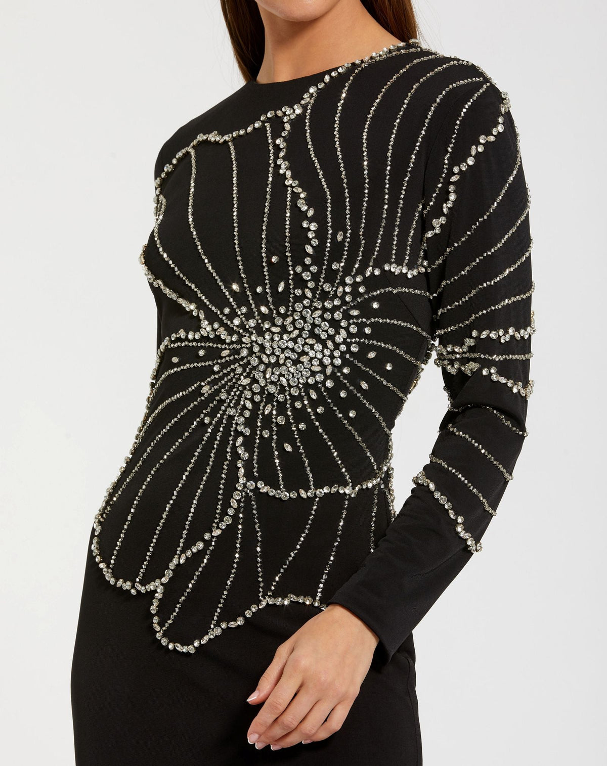 Mac Duggal #2282 black long sleeve jersey gown with beaded flower close-up