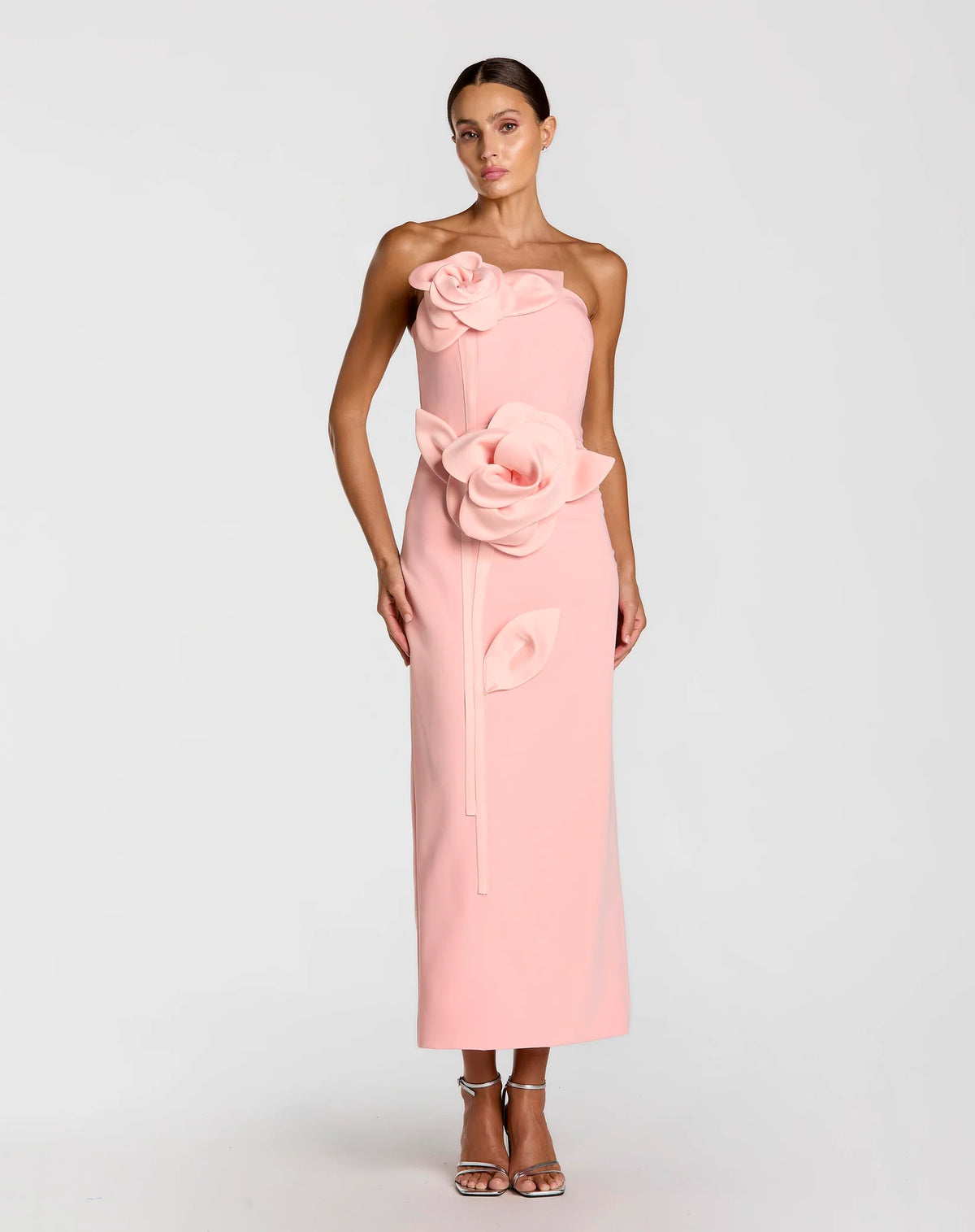 Pink Strapless Crepe Dress With 3D Satin Flowers
