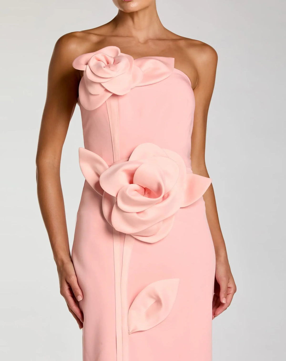 Pink Strapless Crepe Dress With 3D Satin Flowers
