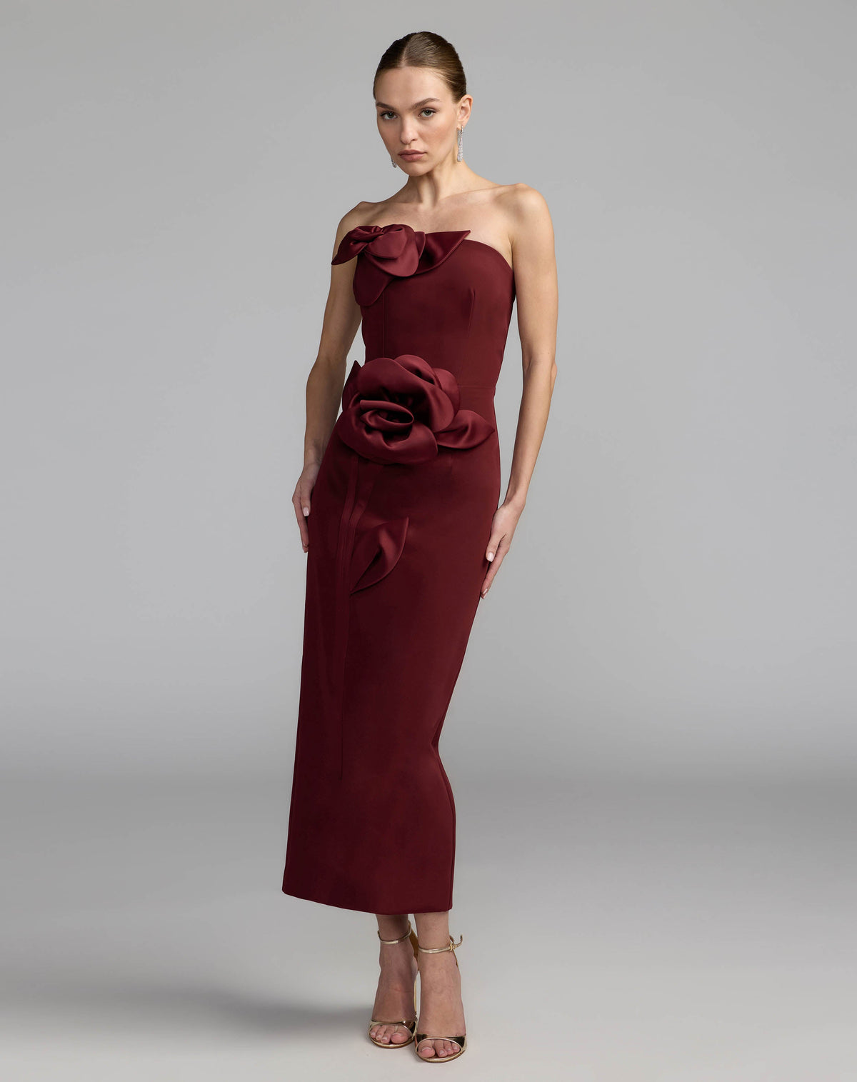 Mac Duggal #2283 wine strapless crepe dress with 3d satin flowers