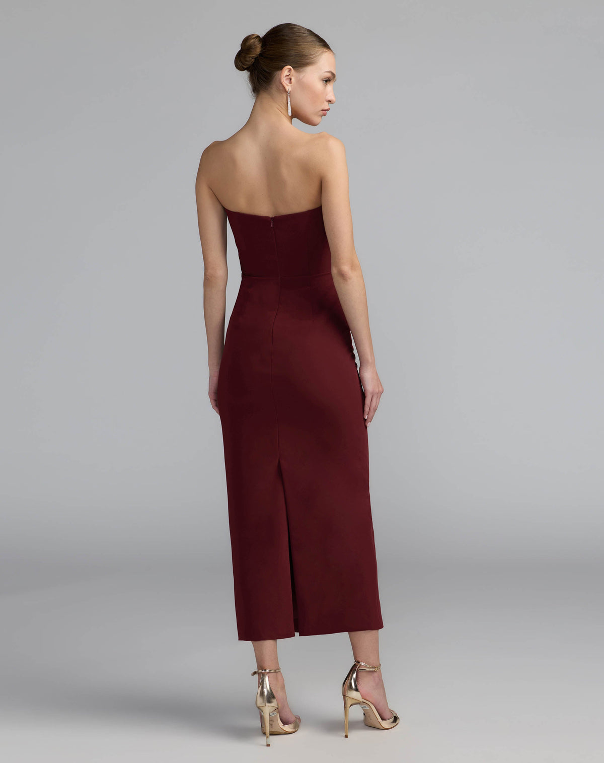 Mac Duggal #2283 wine strapless crepe dress with 3d satin flowers back view