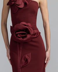 Mac Duggal #2283 wine strapless crepe dress with 3d satin flowers close-up