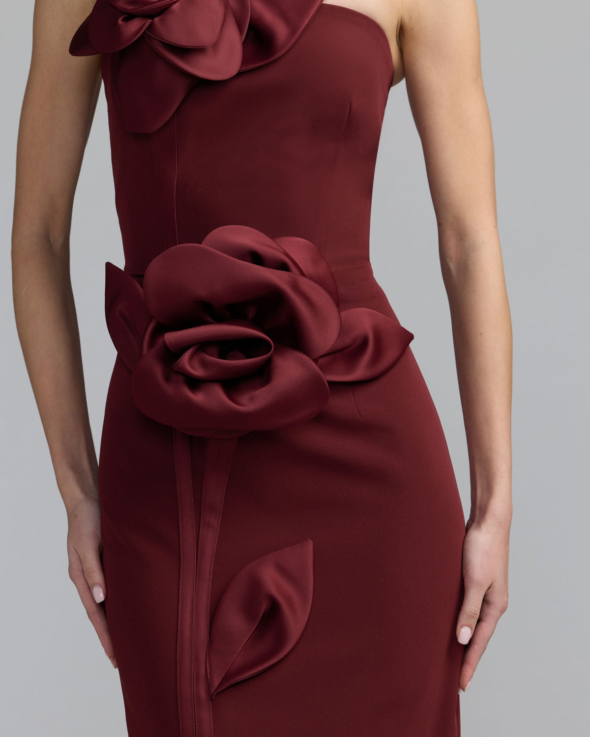 Mac Duggal #2283 wine strapless crepe dress with 3d satin flowers close-up