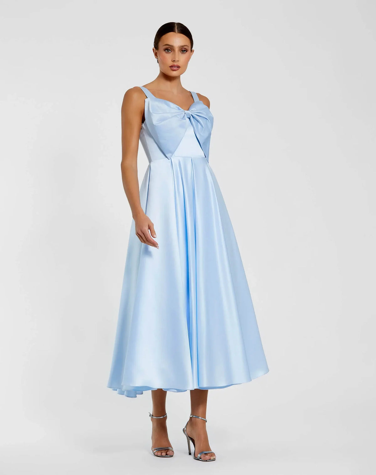 Mac Duggal Powder Blue Sleeveless Satin Midi Dress with Bow Detail #2288