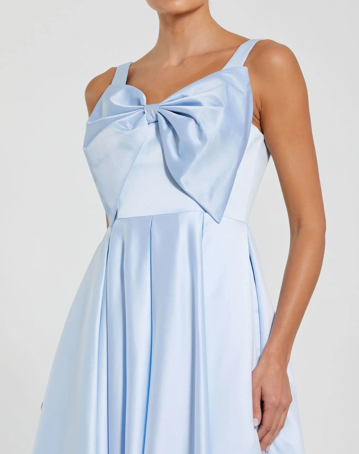 Mac Duggal Powder Blue Sleeveless Satin Midi Dress with Bow Detail #2288