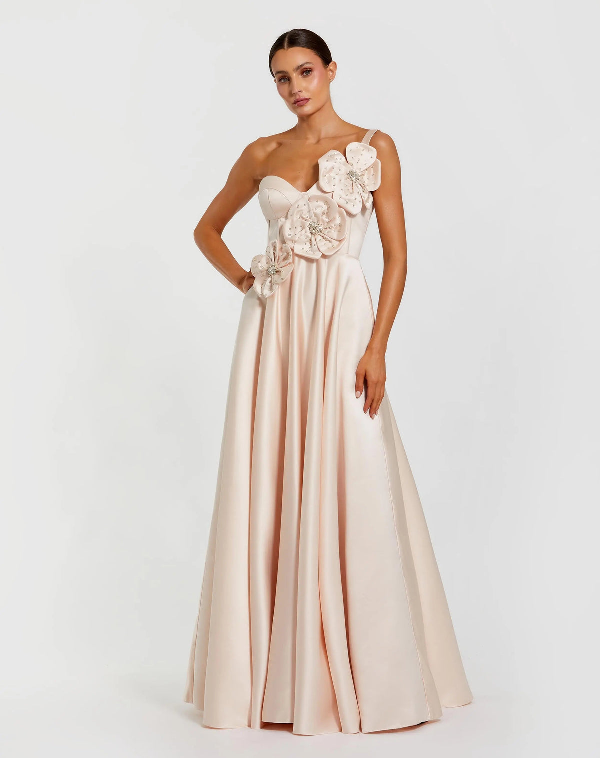 Mac Duggal 2292 Oyster satin corset gown with 3D flowers - Front