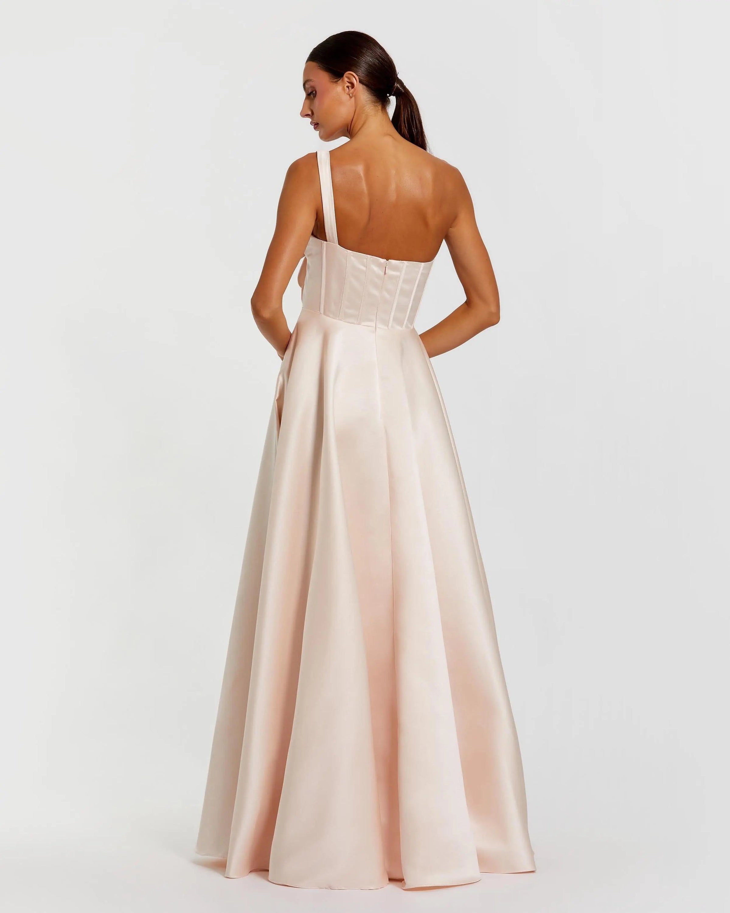 Mac Duggal 2292 Oyster satin corset gown with 3D flowers - Back view