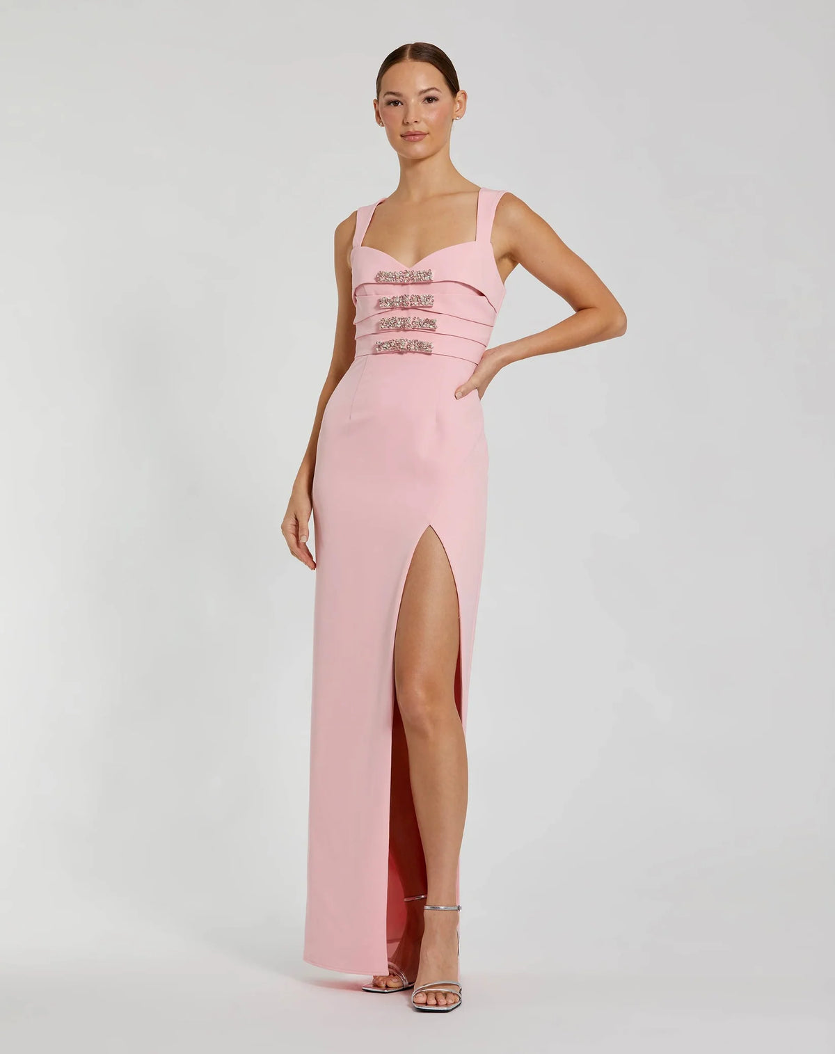 Mac Duggal Pink Sleeveless Crepe Gown With Embellished Bows #2293 Blush