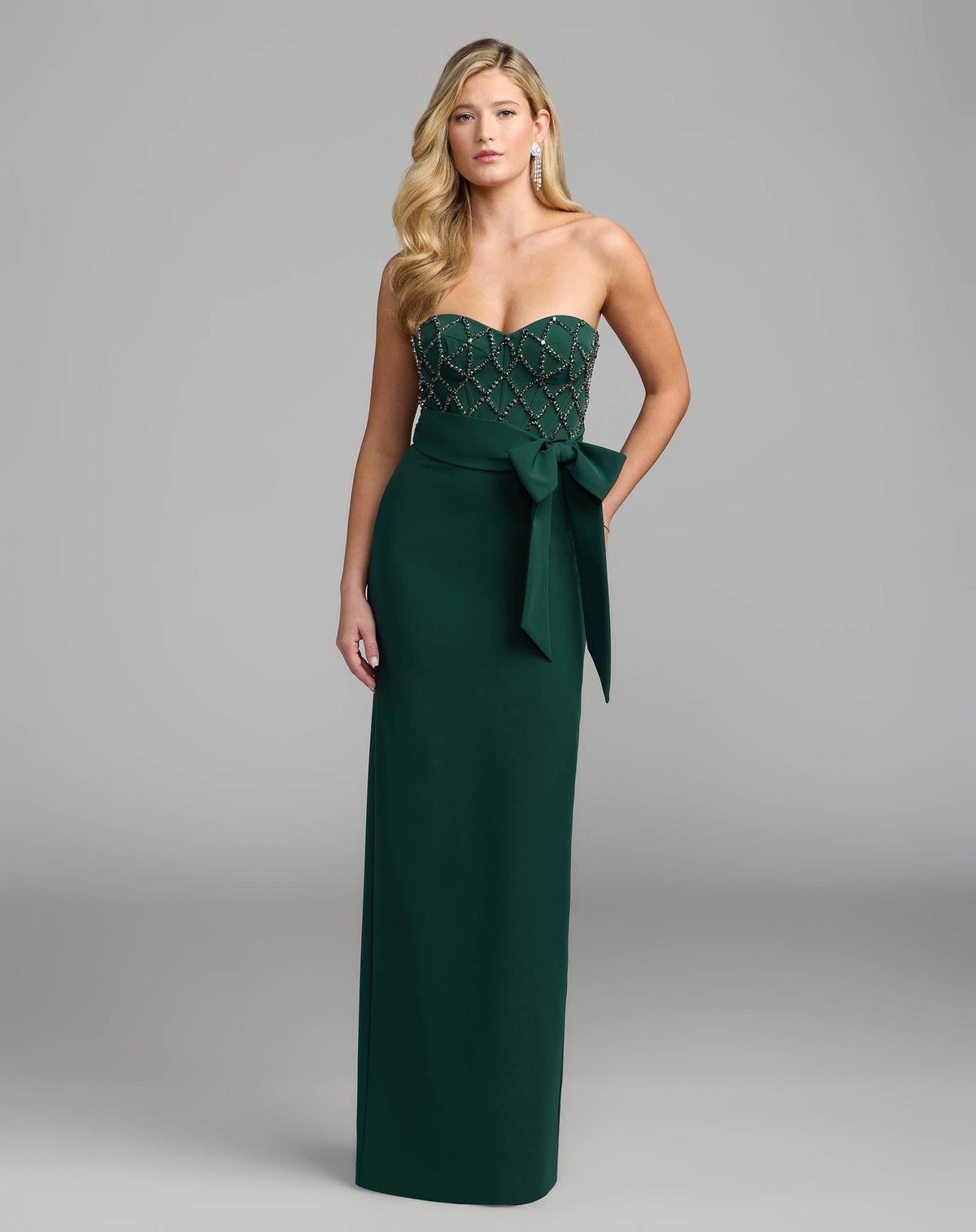 Mac Duggal #2294 emerald dark green strapless embellished crepe gown with bow