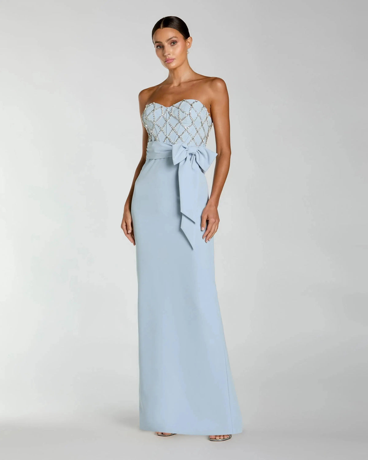 Mac Duggal #2294 powder blue strapless embellished crepe gown with bow