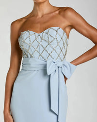 Mac Duggal #2294 powder blue strapless embellished crepe gown with bow