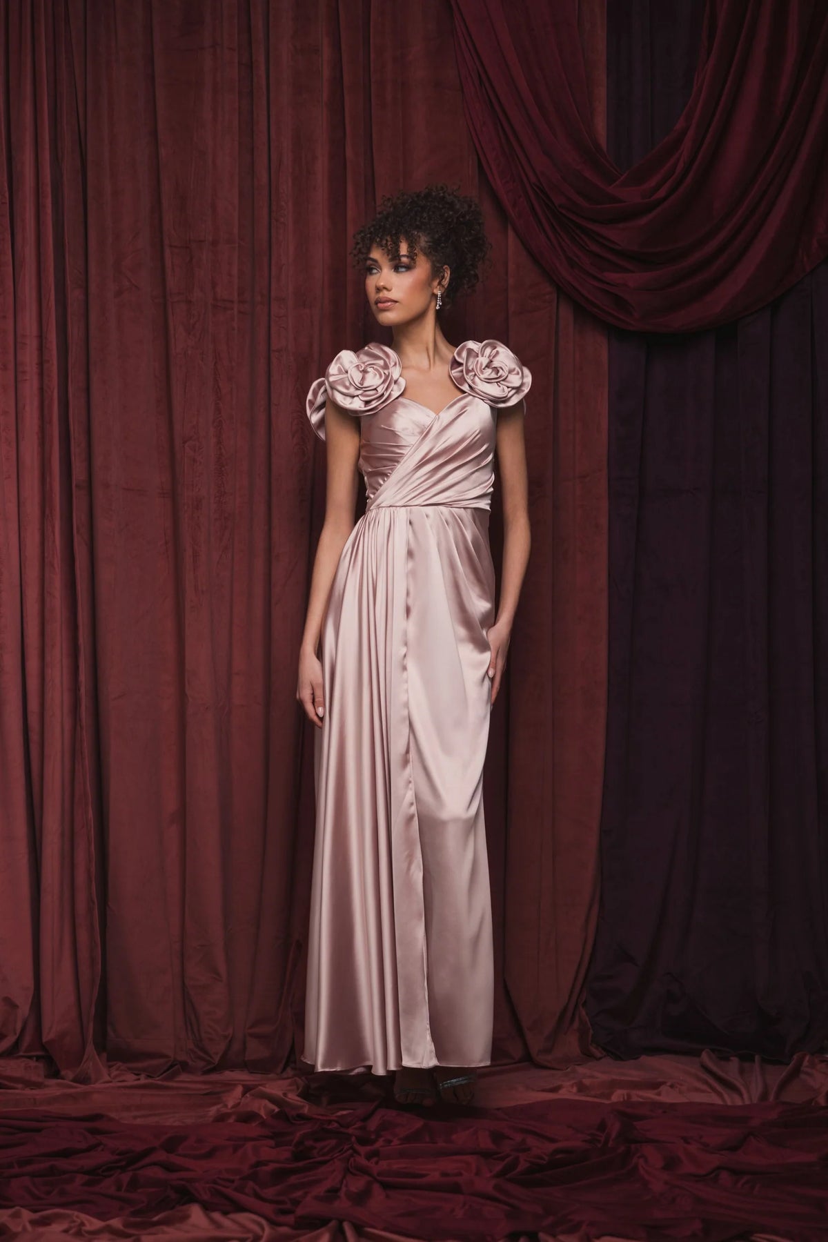 Mac Duggal Pink Satin Faux Wrap Gown With 3D Flower Straps #2299 - Rose 