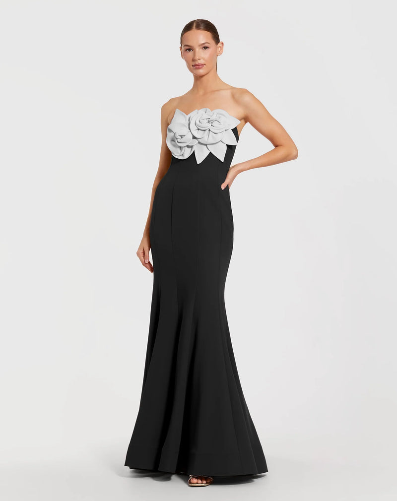 Mac Duggal Black Strapless Crepe Mermaid Gown With 3D Flowers #2300 Black Ivory 