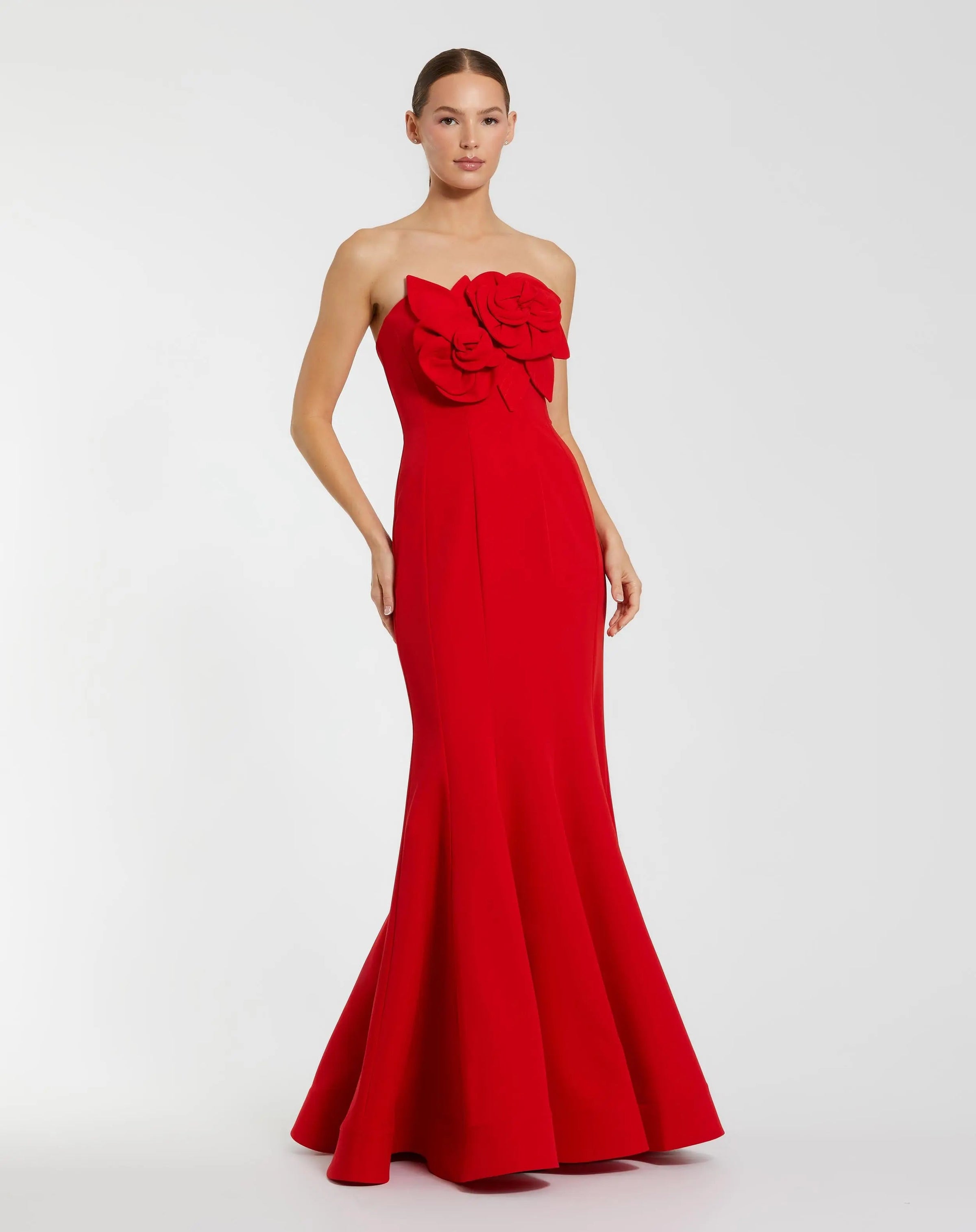 Mac Duggal #2300 red strapless mermaid gown with 3d flowers