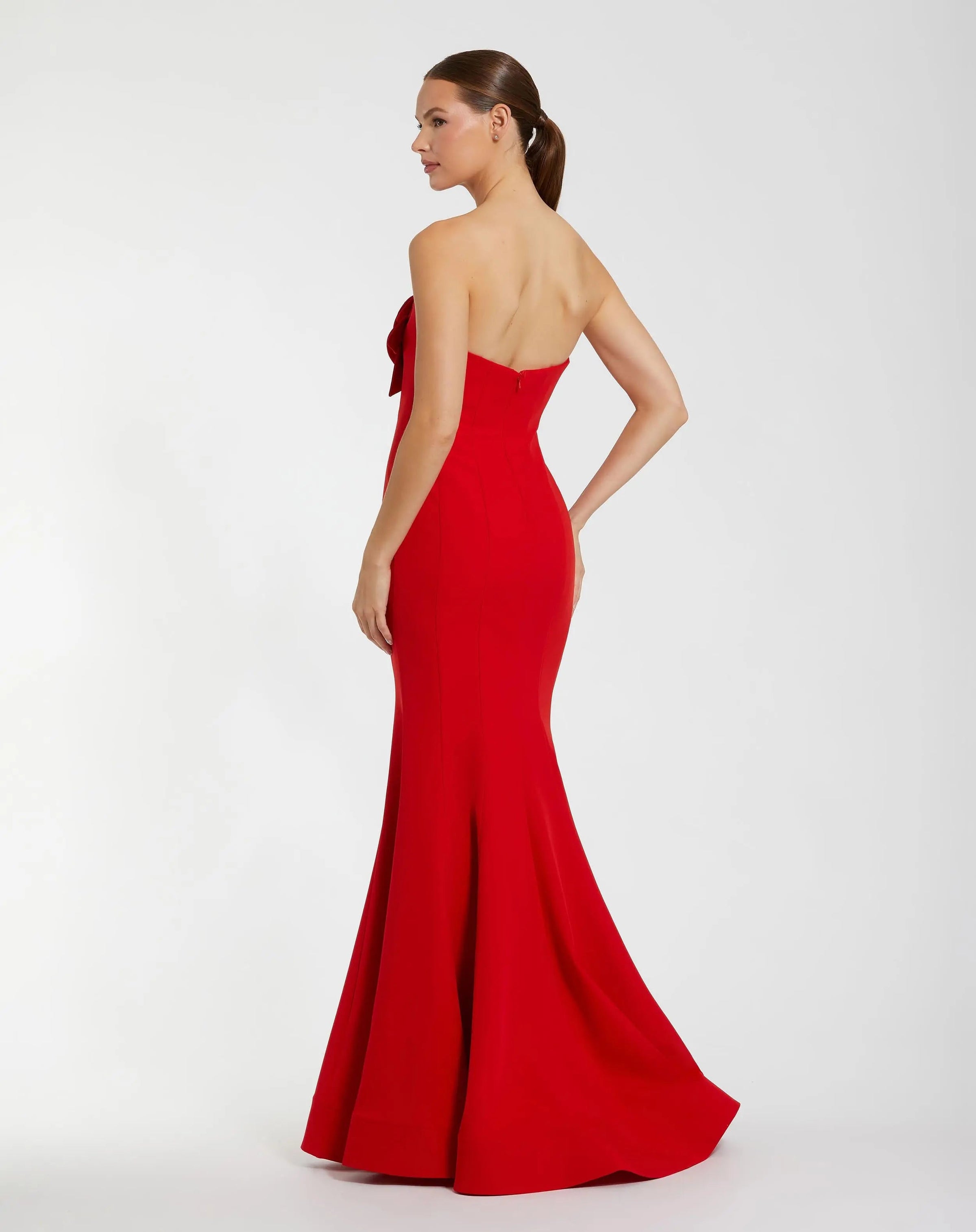 Mac Duggal #2300 red strapless mermaid gown with 3d flowers