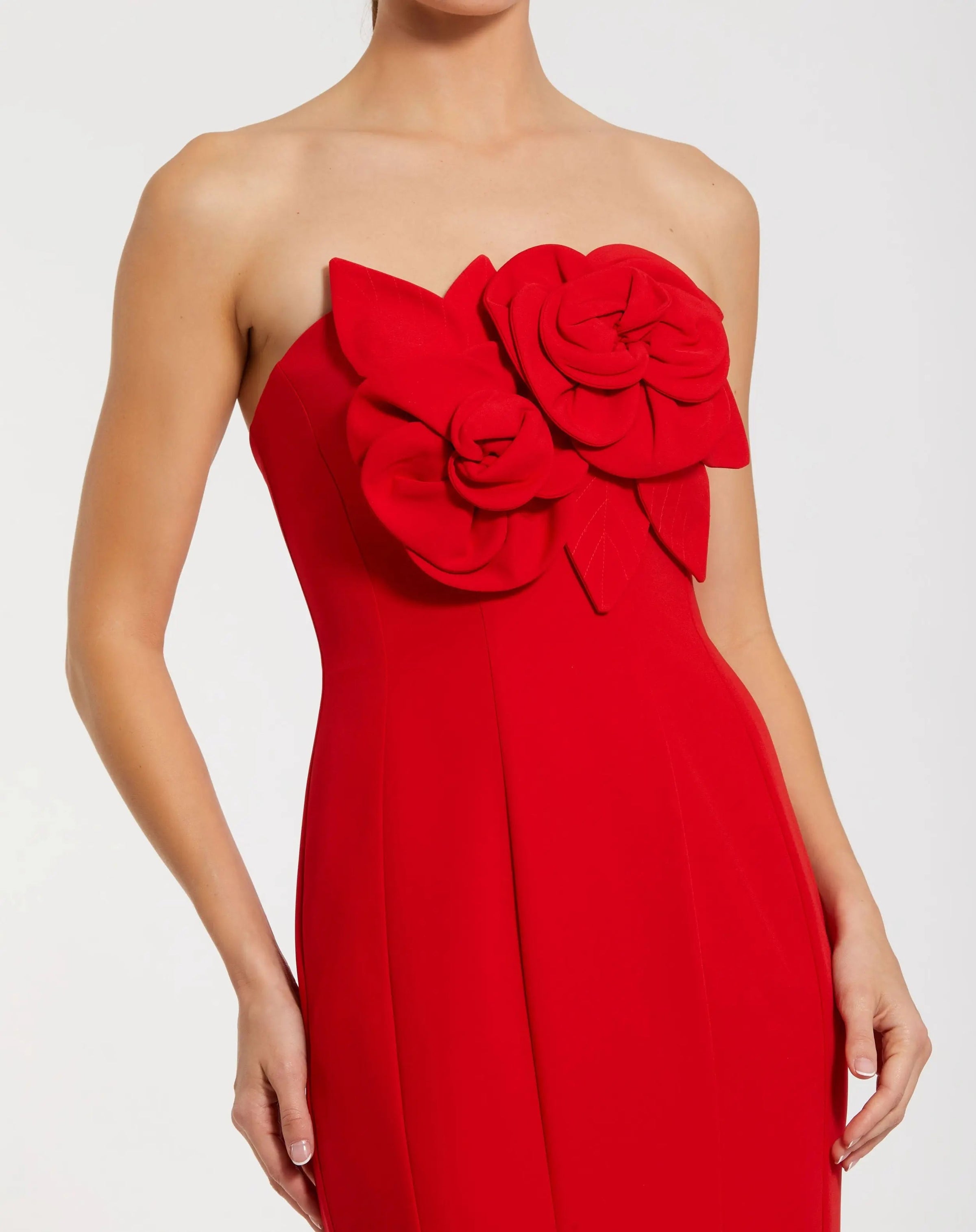 Mac Duggal #2300 red strapless mermaid gown with 3d flowers