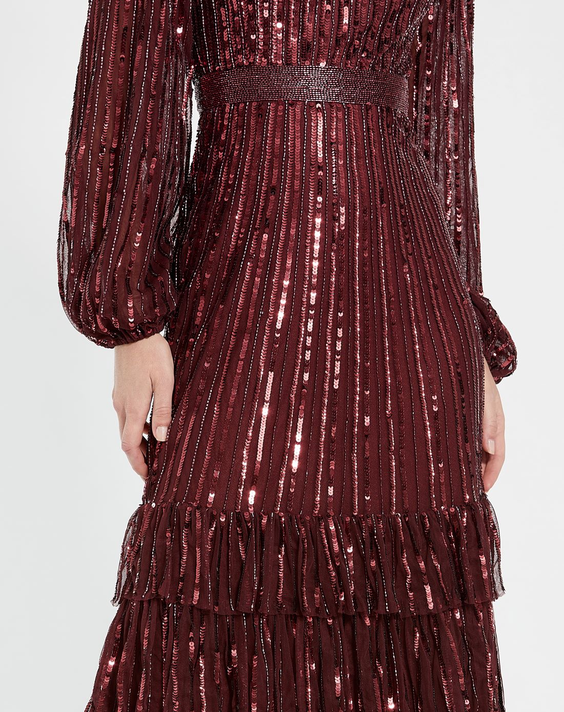 Long Sleeve Ruffle Detail Sequin Modest Dress - Burgundy