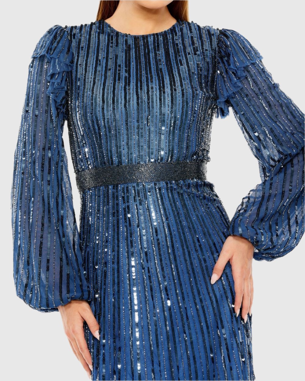 Long Sleeve Ruffle Detail Sequin Modest Dress - Midnight