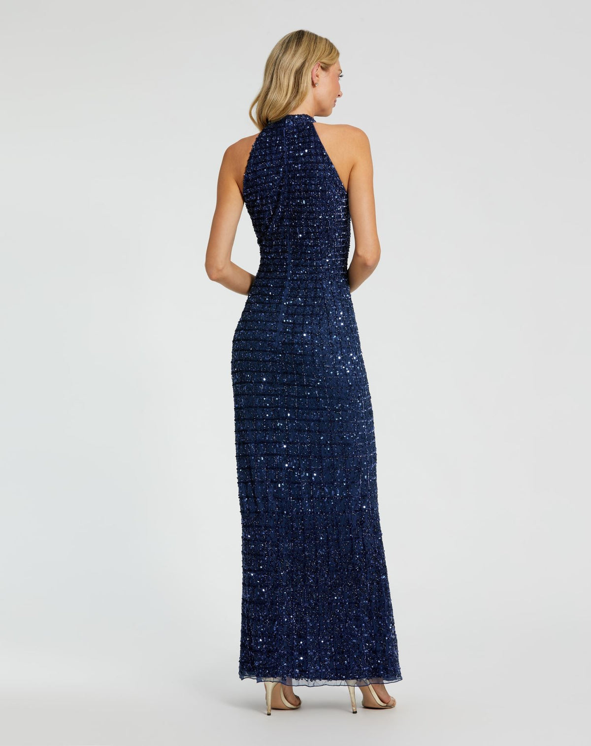 Embellished Halter Neck Keyhole Gown - Nude Silver
