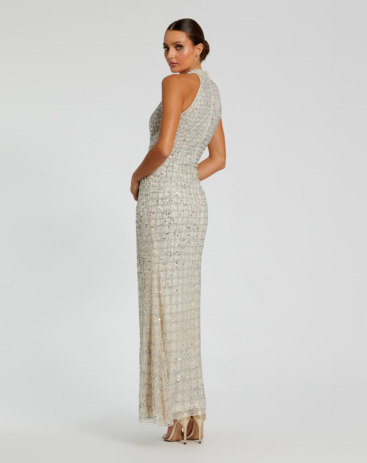 Embellished Halter Neck Keyhole Gown - Nude Silver