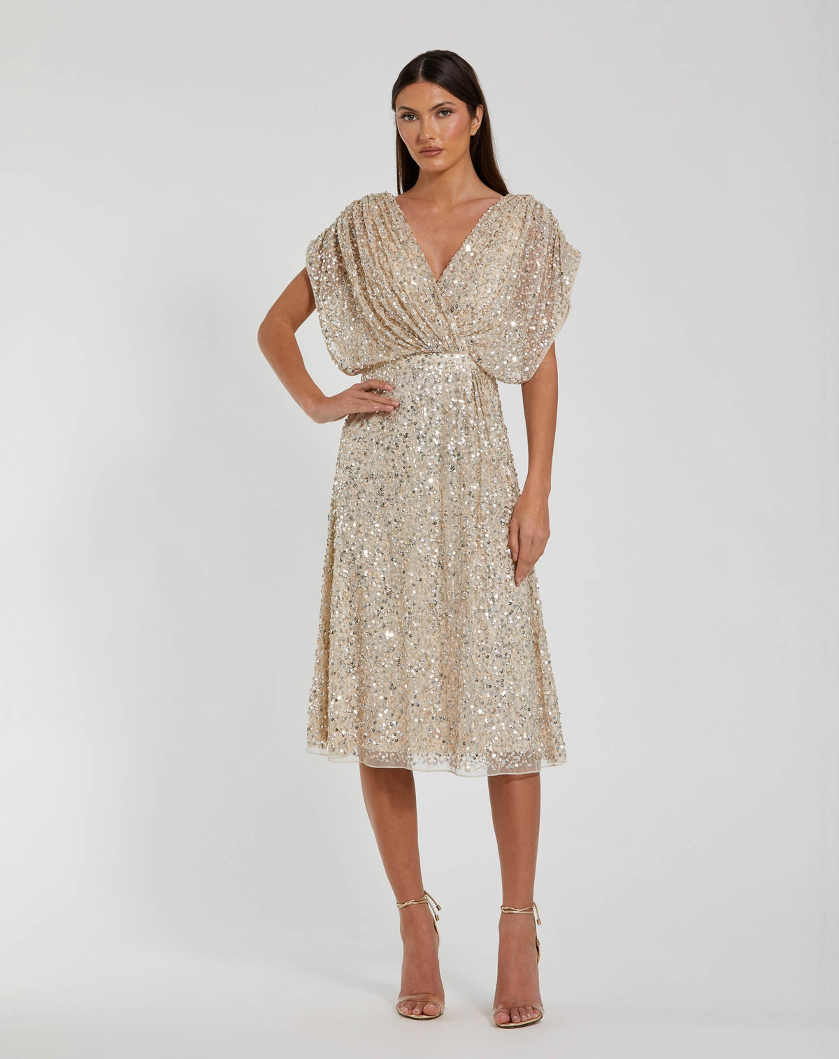 Mac Duggal #23027 Sequin V-Neck Midi Nude Silver