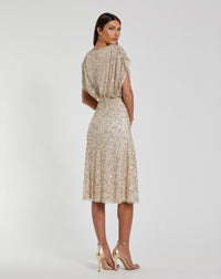Mac Duggal Beige Sequin Draped Sleeve V-Neck Midi Dress in Nude Silver - back