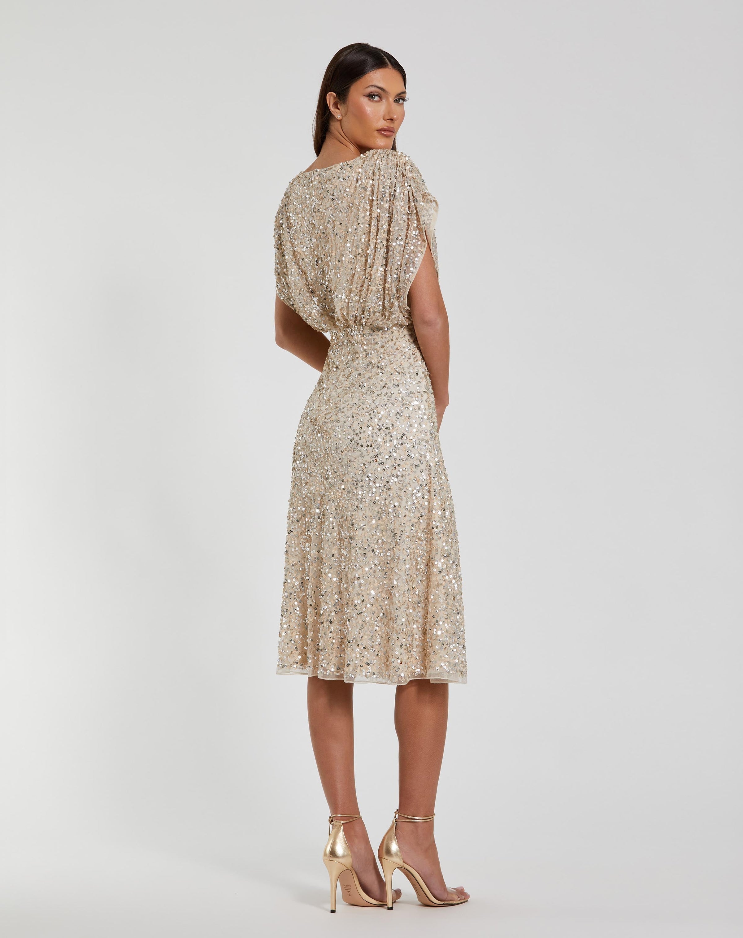 Mac Duggal Beige Sequin Draped Sleeve V-Neck Midi Dress in Nude Silver - back