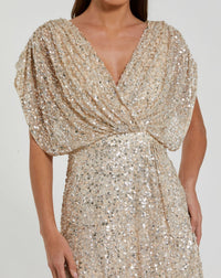 Mac Duggal Beige Sequin Draped Sleeve V-Neck Midi Dress in Nude Silver - detail