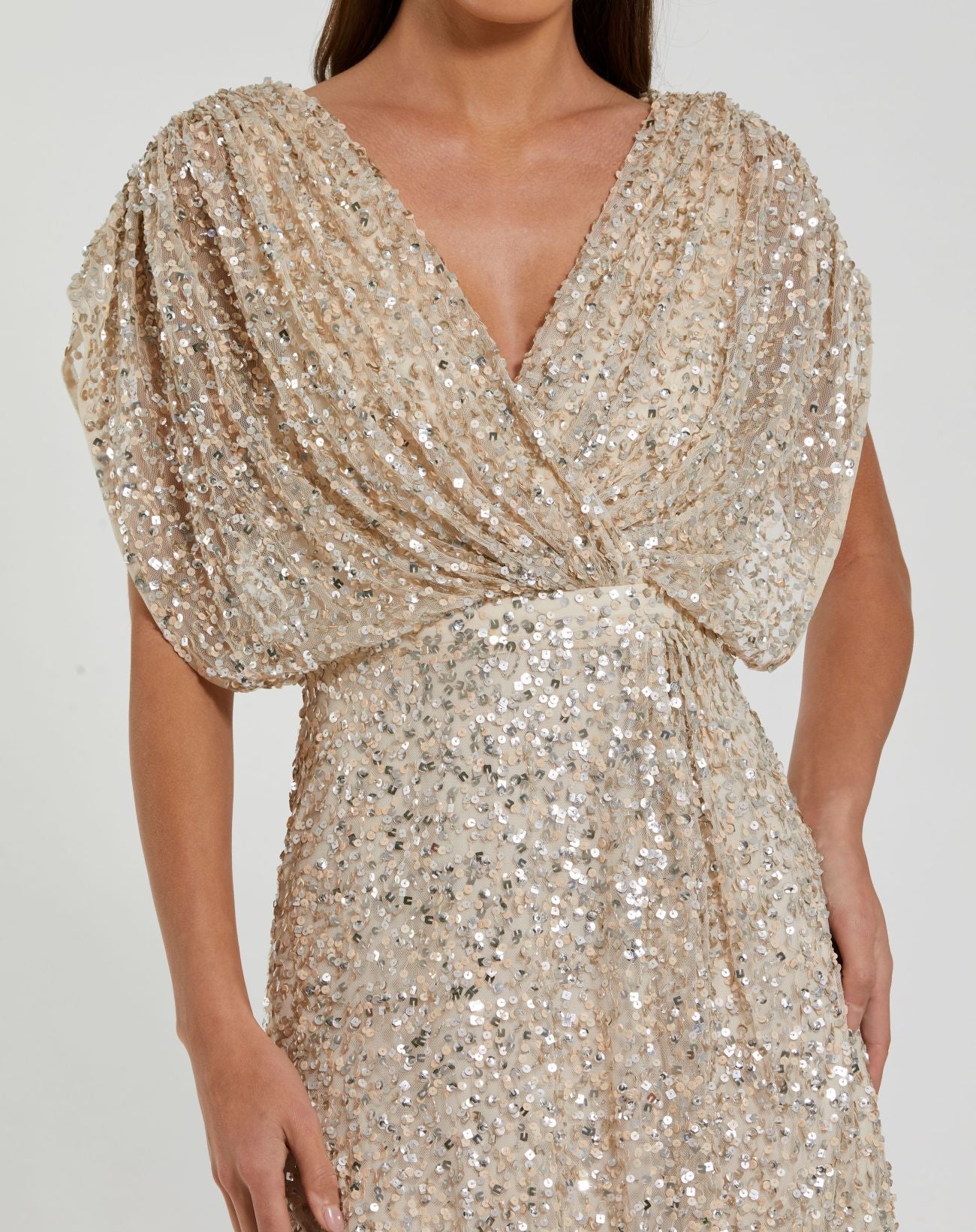 Mac Duggal Beige Sequin Draped Sleeve V-Neck Midi Dress in Nude Silver - detail