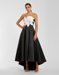 Mac Duggal #2303 black ivory strapless satin high low gown with 3D flowers