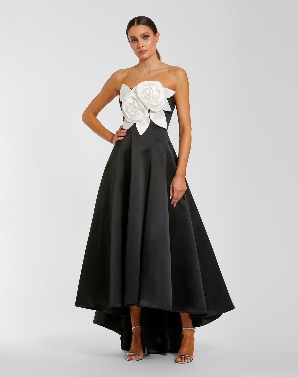 Mac Duggal #2303 black ivory strapless satin high low gown with 3D flowers