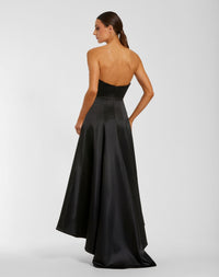 Mac Duggal #2303 black ivory strapless satin high low gown with 3D flowers