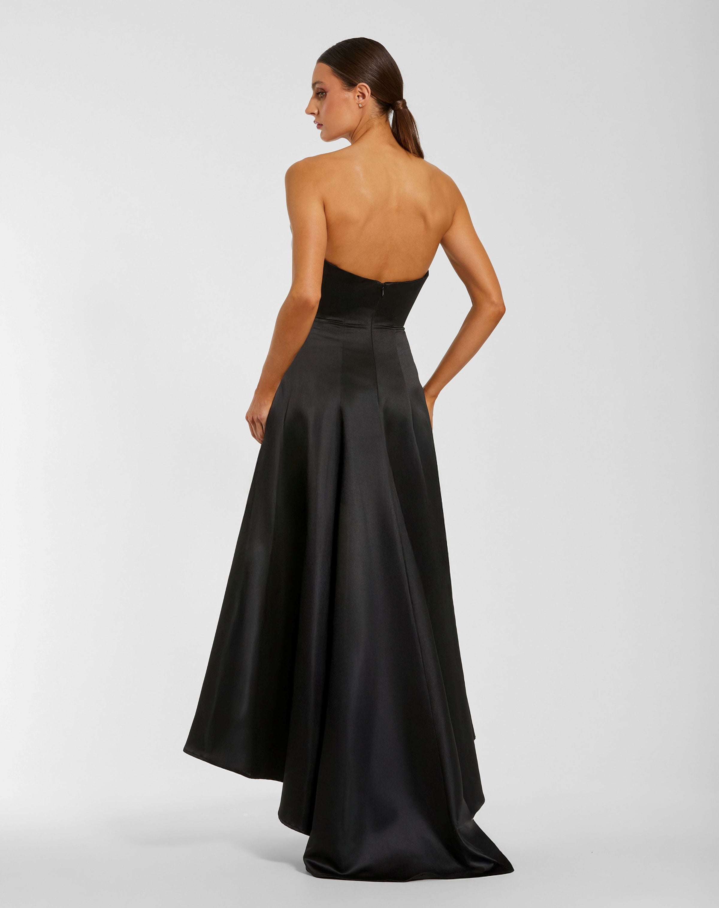 Mac Duggal #2303 black ivory strapless satin high low gown with 3D flowers