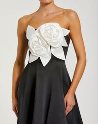 Mac Duggal #2303 black ivory strapless satin high low gown with 3D flowers