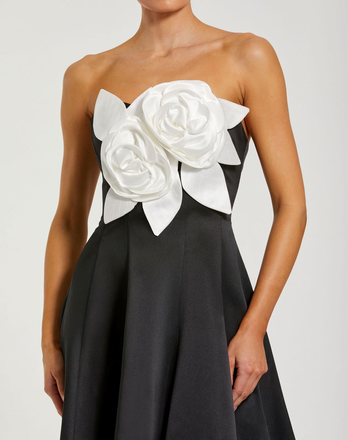 Mac Duggal #2303 black ivory strapless satin high low gown with 3D flowers