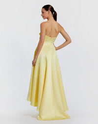 Mac Duggal Yellow Strapless Satin High Low Gown With 3D Flowers #2303