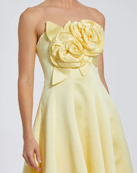 Mac Duggal Yellow Strapless Satin High Low Gown With 3D Flowers #2303